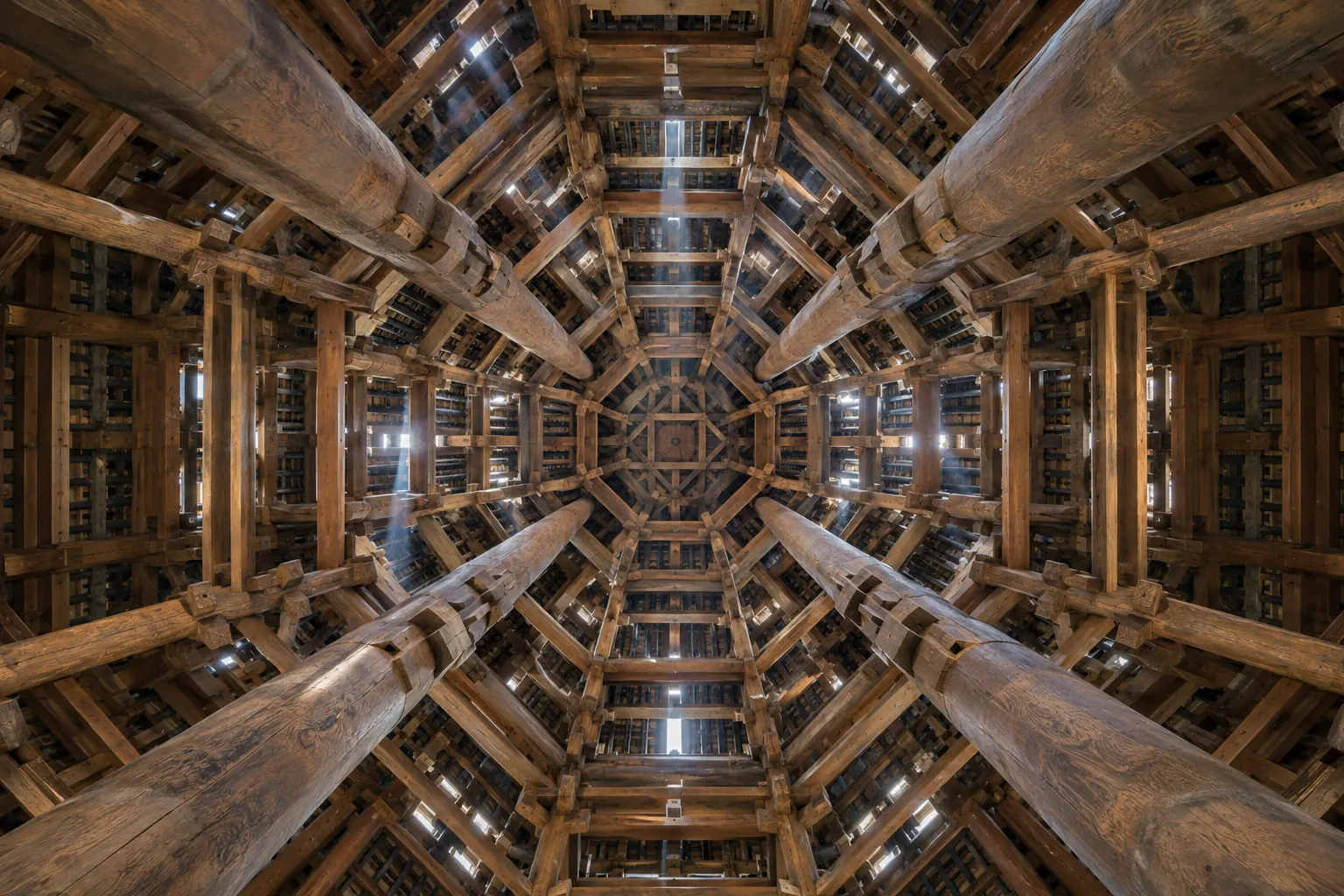 Vista hacia arriba del interior de una torre del tambor: un denso entramado de vigas de abeto ensambladas