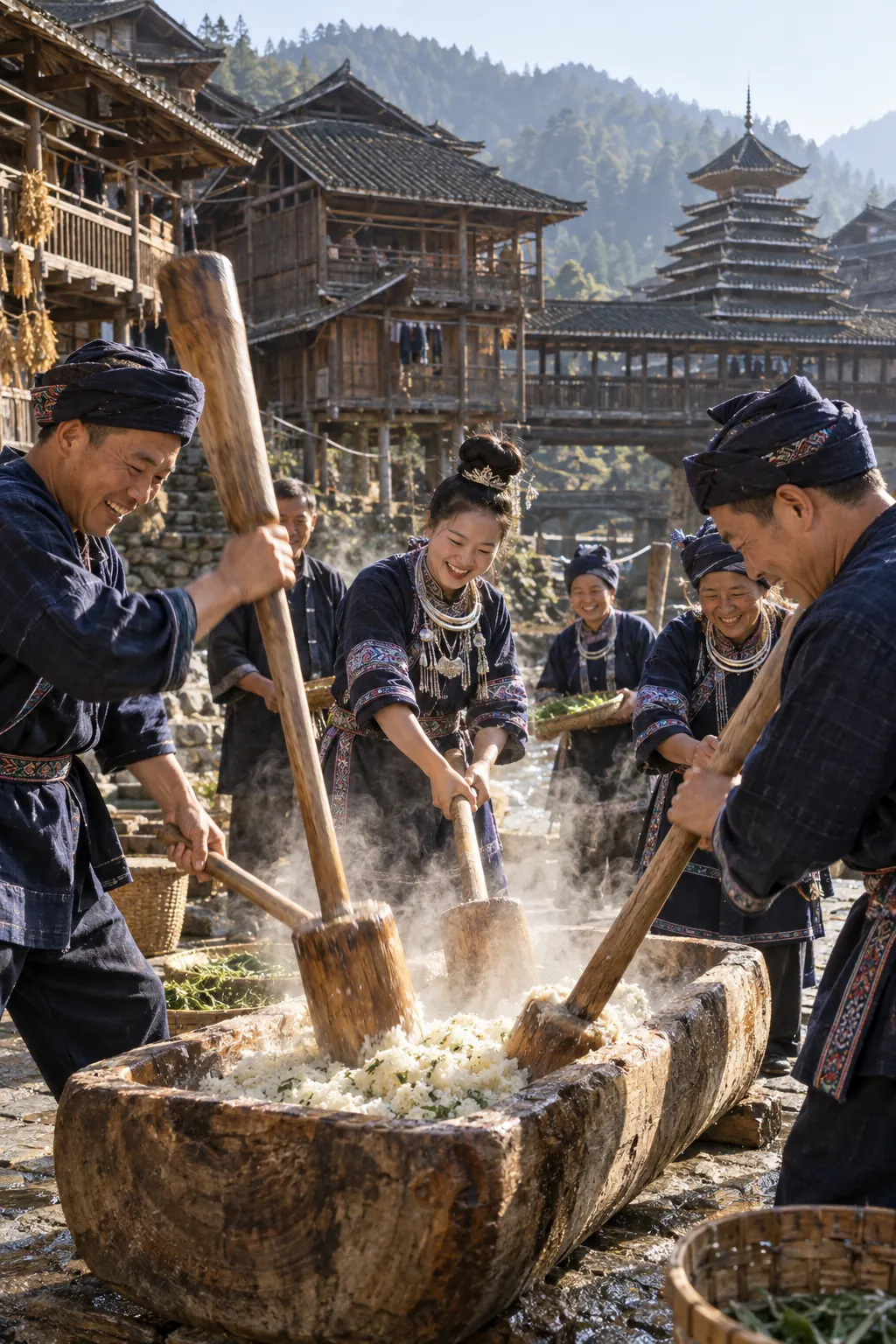蒸したもち米を長い木の杵でつき、餅をつくる村人たち
