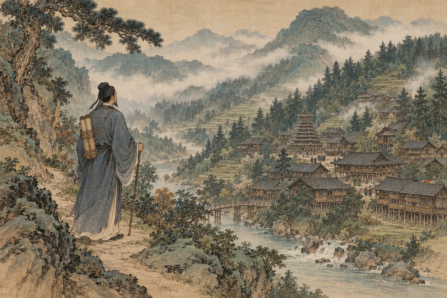 Pintura en tinta de un viajero de la dinastía Song que contempla una aldea de montaña al otro lado de un valle
