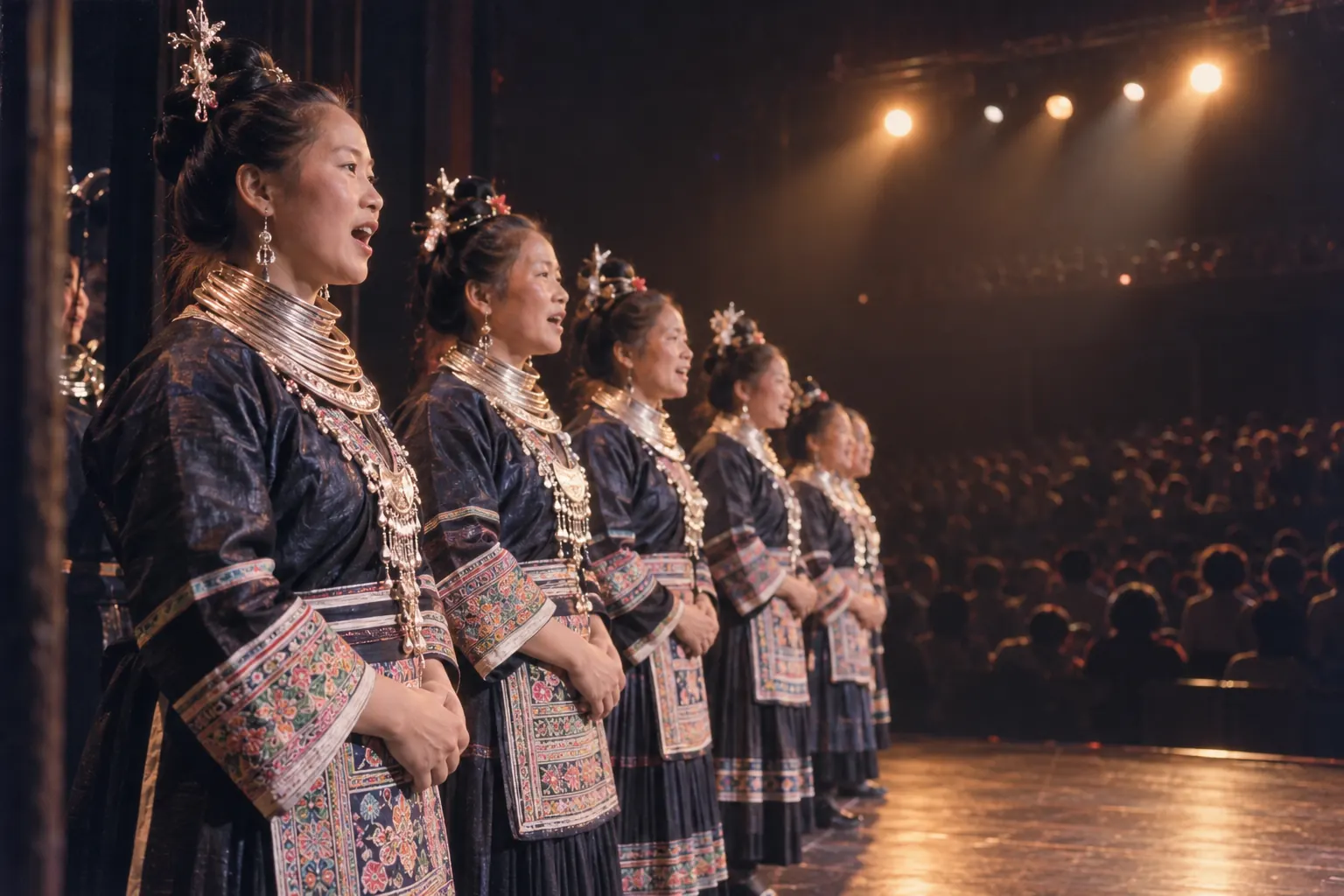 Un coro de mujeres kam cantando en el escenario de un teatro bajo cálidos focos