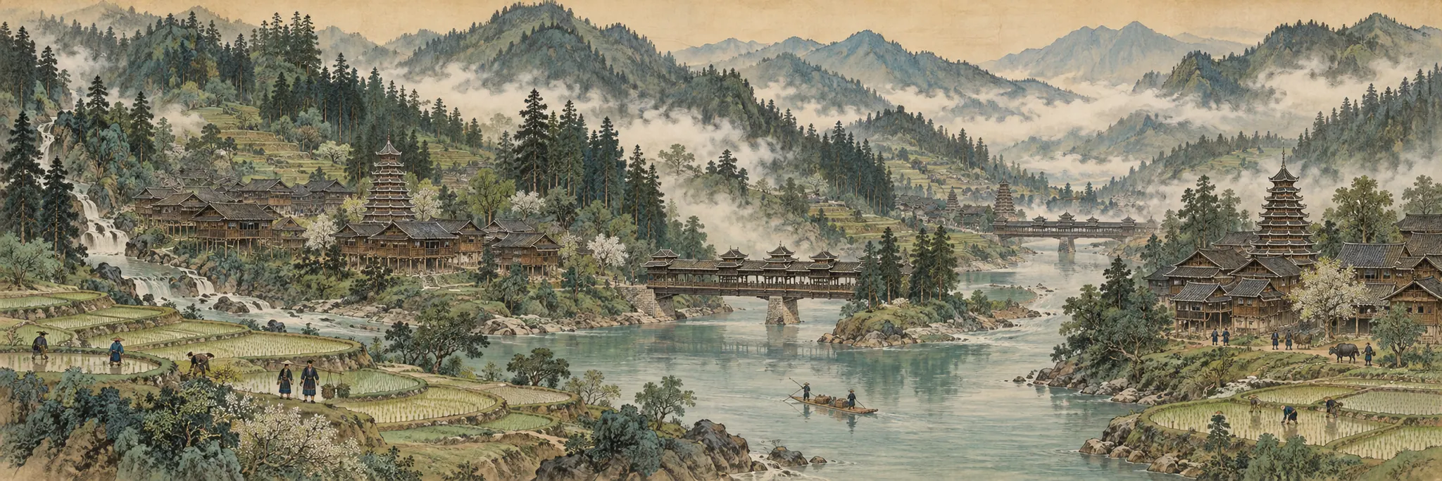 Pintura en tinta y color de un valle fluvial con aldeas kam, torres del tambor, puentes cubiertos y arrozales en terrazas