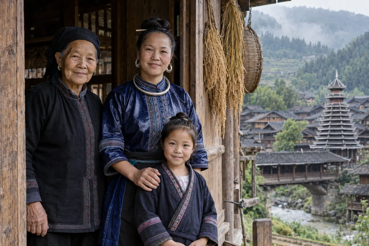 Tres generaciones de mujeres kam juntas en la puerta de una casa de madera