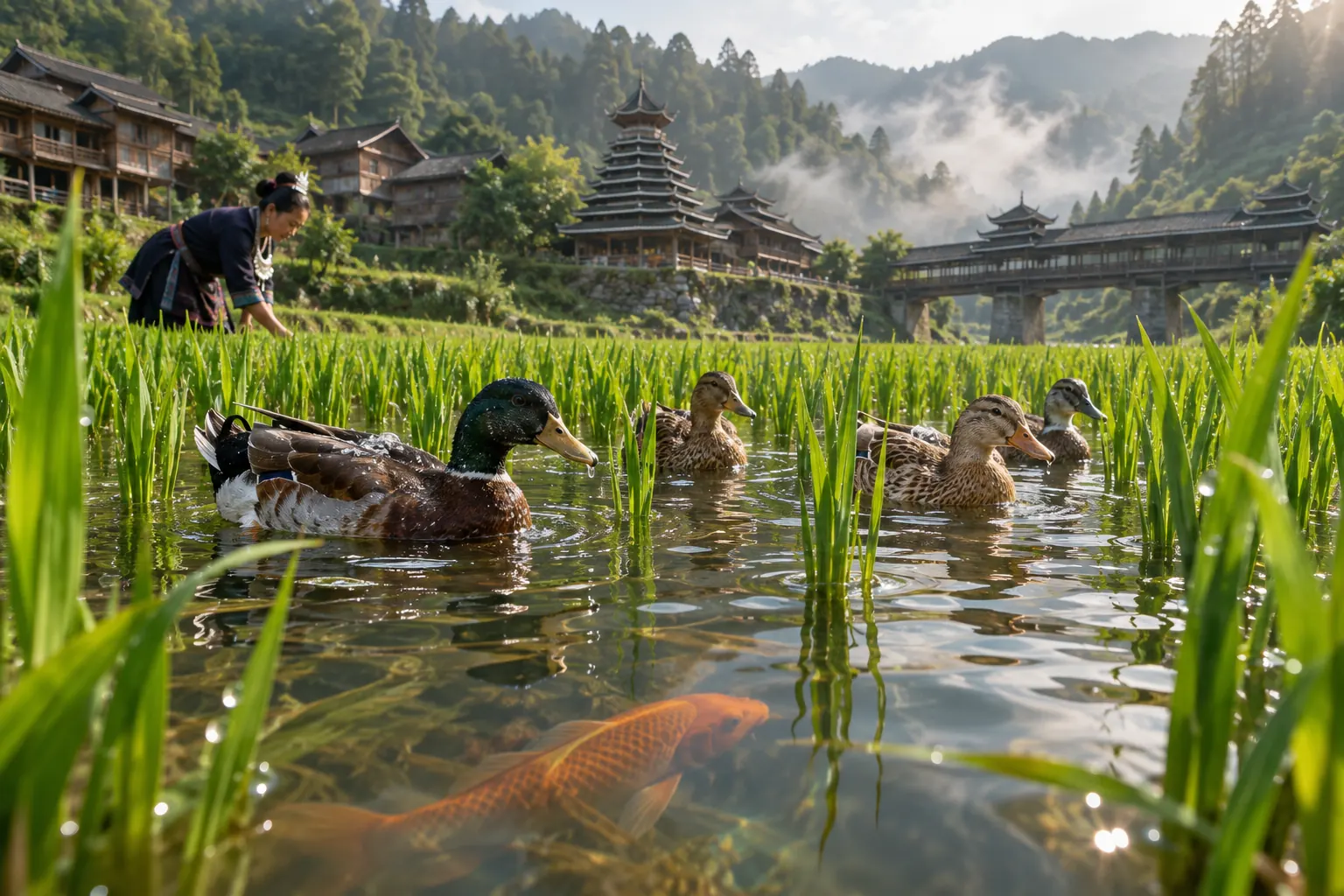 稲の株のあいだを泳ぐ鴨と、水面のすぐ下を泳ぐ鯉