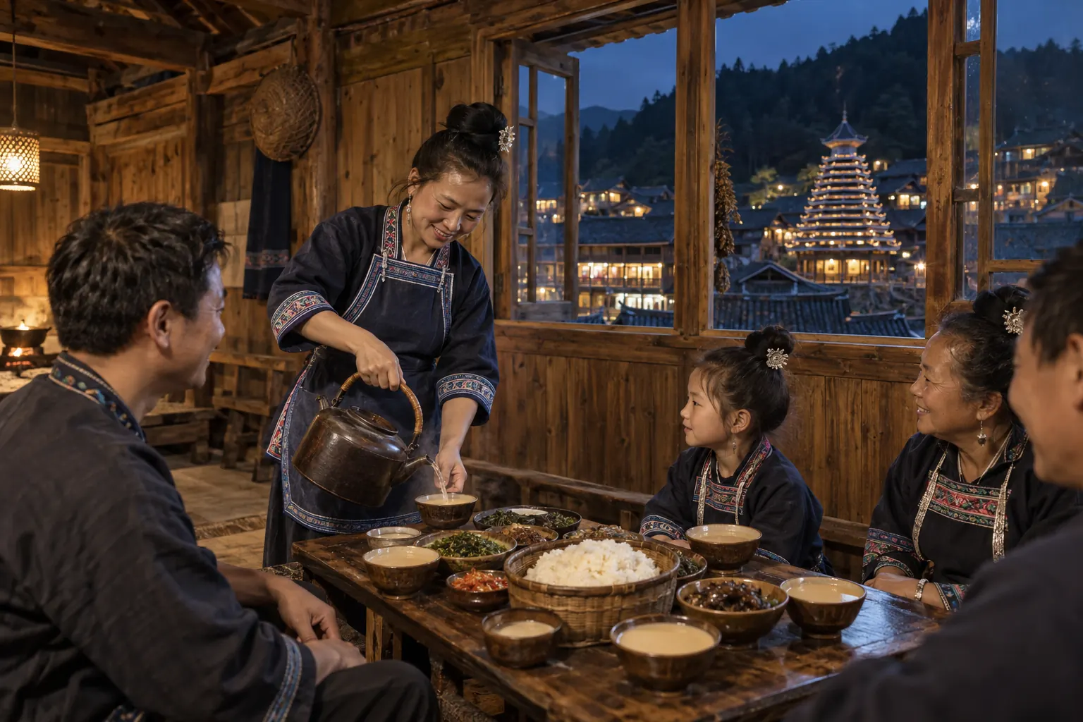 A hostess pouring oil tea at a low wooden table in a timber homestay, the lit drum tower outside